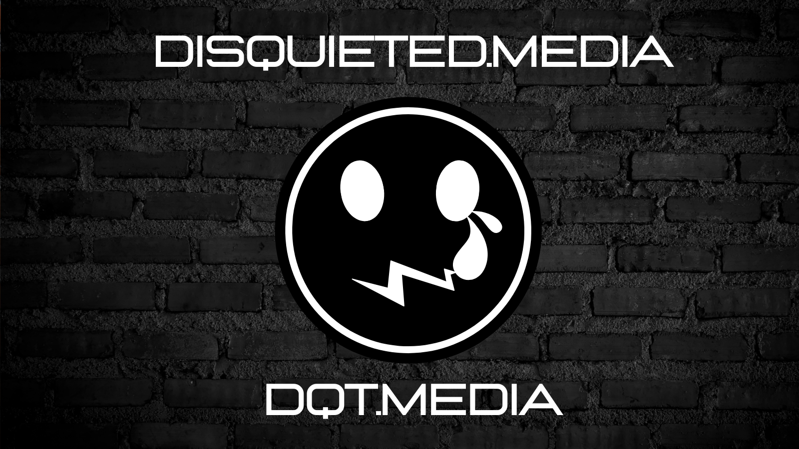 White text reading 'DISQUIETED.MEDIA' on a dark brick wall background, with 'DQT.MEDIA' below it.