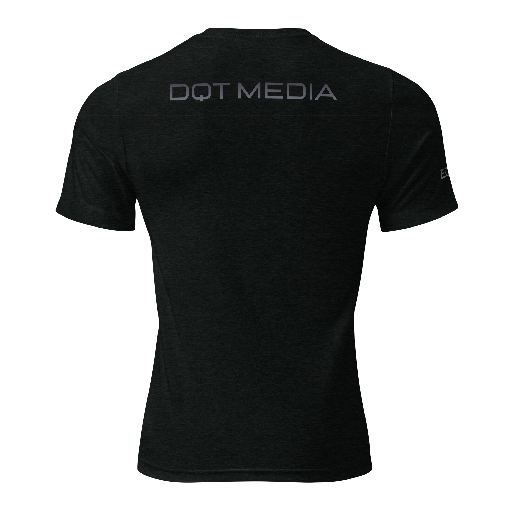 A sleek black t-shirt featuring the bold text 'DOT MEDIA' prominently printed on the back. The design contrasts strikingly against the shirt's dark fabric, offering a modern and stylish look. The lettering is set against a clean white background, making it stand out even more, perfect for those who want to make a statement with their attire.