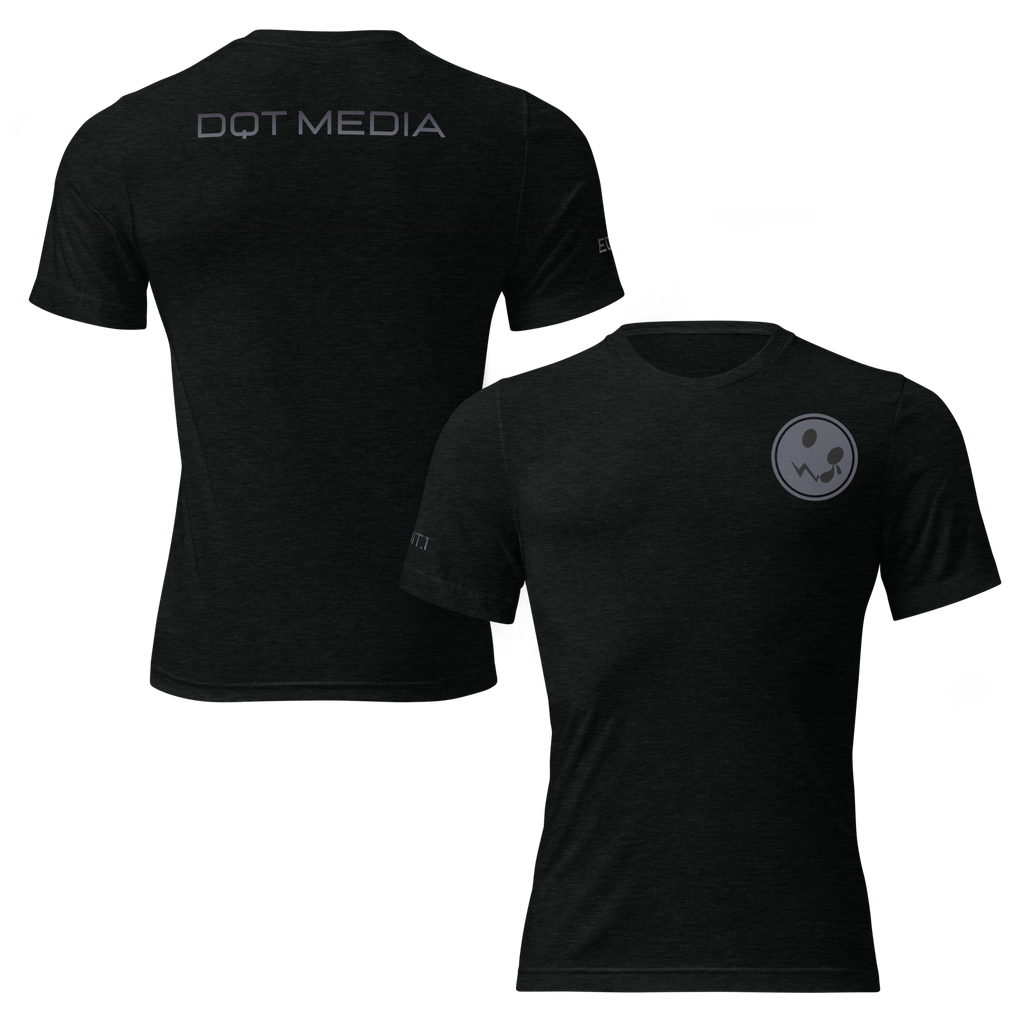 This is a black t-shirt featuring a sleek design, prominently showcasing the 'DQT Media' branding on the back. The front view presents a clean and minimalist look, while the back view highlights the brand's logo in bold, contrasting colours, making it stand out. The shirt is crafted from soft, breathable fabric, ensuring comfort and style for everyday wear. The fit is tailored to be flattering, making it suitable for a variety of occasions.