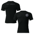 This is a black t-shirt featuring a sleek design, prominently showcasing the 'DQT Media' branding on the back. The front view presents a clean and minimalist look, while the back view highlights the brand's logo in bold, contrasting colours, making it stand out. The shirt is crafted from soft, breathable fabric, ensuring comfort and style for everyday wear. The fit is tailored to be flattering, making it suitable for a variety of occasions.