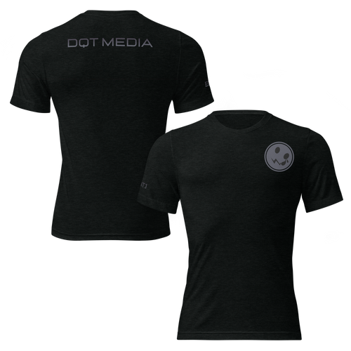 This is a black t-shirt featuring a sleek design, prominently showcasing the 'DQT Media' branding on the back. The front view presents a clean and minimalist look, while the back view highlights the brand's logo in bold, contrasting colours, making it stand out. The shirt is crafted from soft, breathable fabric, ensuring comfort and style for everyday wear. The fit is tailored to be flattering, making it suitable for a variety of occasions.