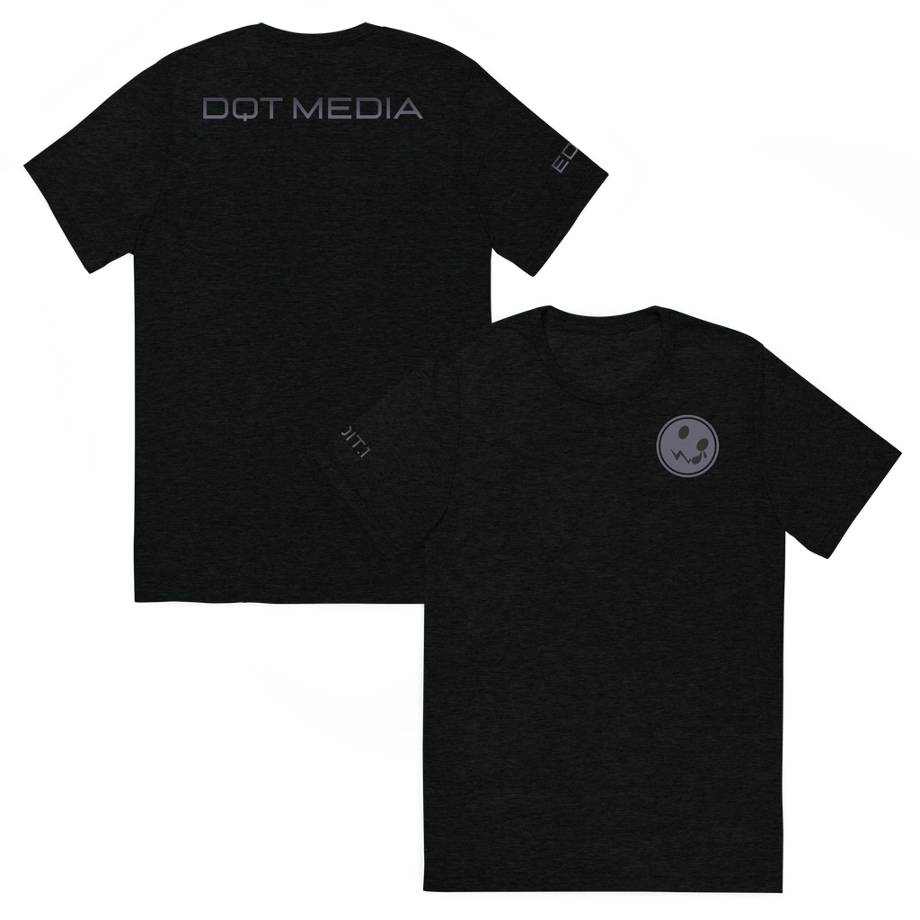 This is a black t-shirt featuring a sleek design, prominently showcasing the 'DQT Media' branding on the back. The front view presents a clean and minimalist look, while the back view highlights the brand's logo in bold, contrasting colours, making it stand out. The shirt is crafted from soft, breathable fabric, ensuring comfort and style for everyday wear. The fit is tailored to be flattering, making it suitable for a variety of occasions.