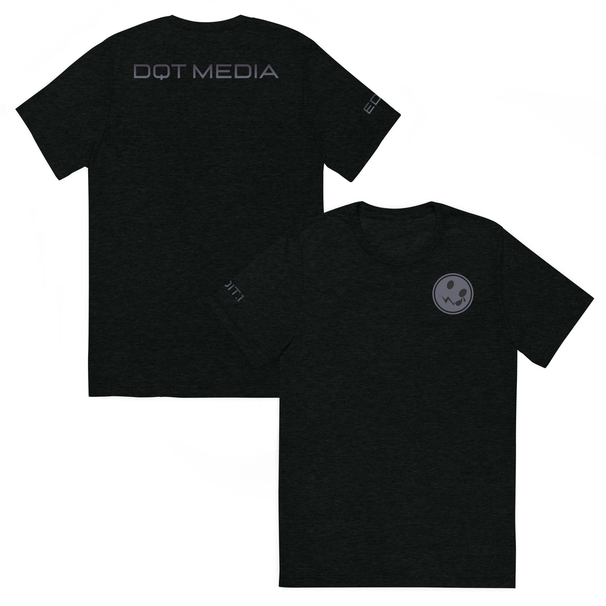This is a black t-shirt featuring a sleek design, prominently showcasing the 'DQT Media' branding on the back. The front view presents a clean and minimalist look, while the back view highlights the brand's logo in bold, contrasting colours, making it stand out. The shirt is crafted from soft, breathable fabric, ensuring comfort and style for everyday wear. The fit is tailored to be flattering, making it suitable for a variety of occasions.