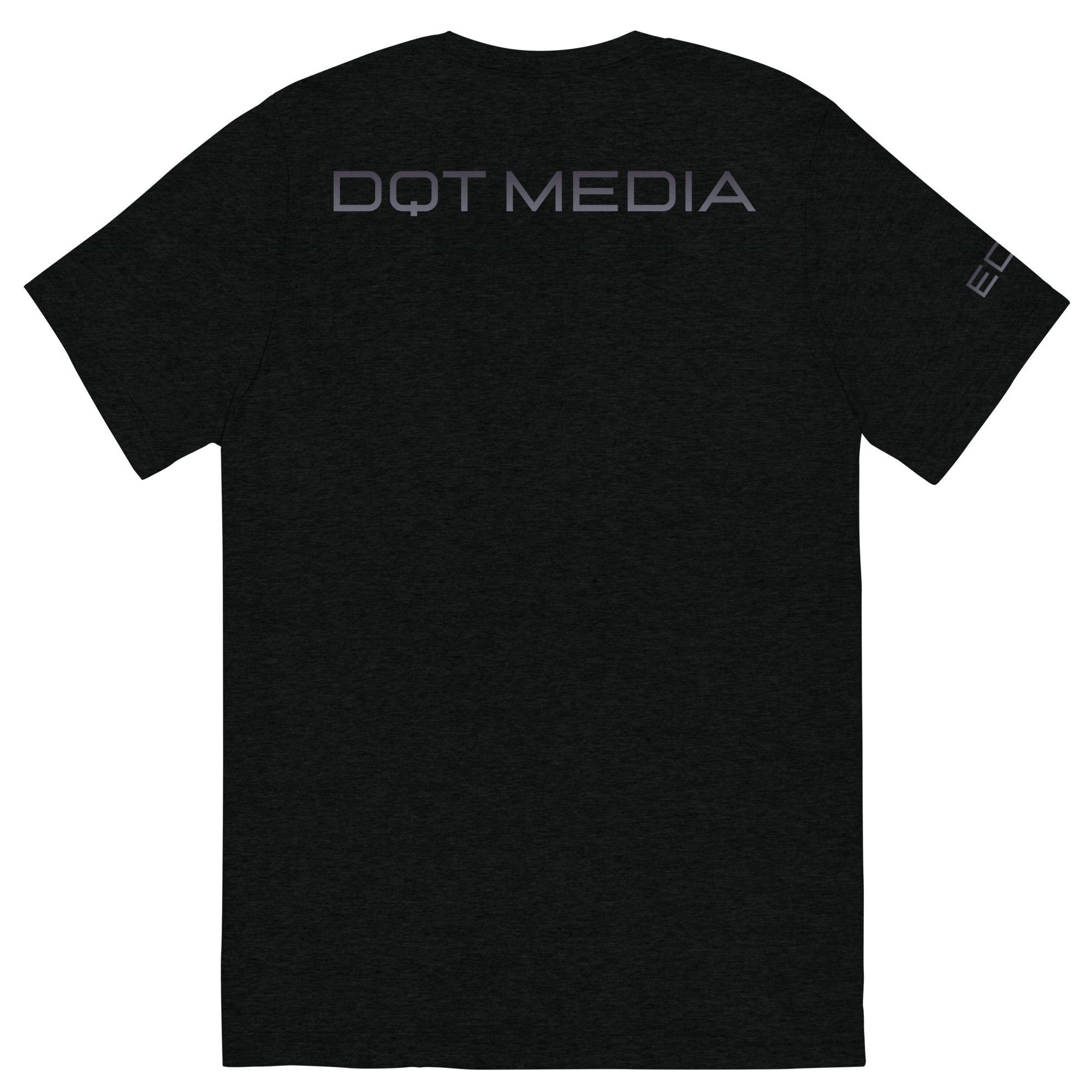 "A soft, high-quality cotton t-shirt featuring a classic crew neck and short sleeves for a relaxed fit. The back of the shirt displays 'DQT MEDIA' in bold, modern typography with a gradient effect, while the front remains simple. Available in various colours, this versatile t-shirt is suitable for casual outings and media-related events.
