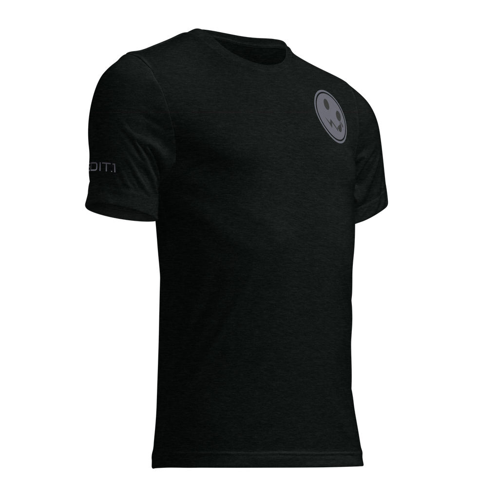 A classic black t-shirt featuring a subtle grey logo elegantly positioned on the chest, set against a clean white background. The shirt is made from soft, breathable fabric, providing both comfort and style, making it a versatile addition to any wardrobe. The logo adds a touch of minimalistic flair, perfectly contrasting with the deep black hue of the shirt.