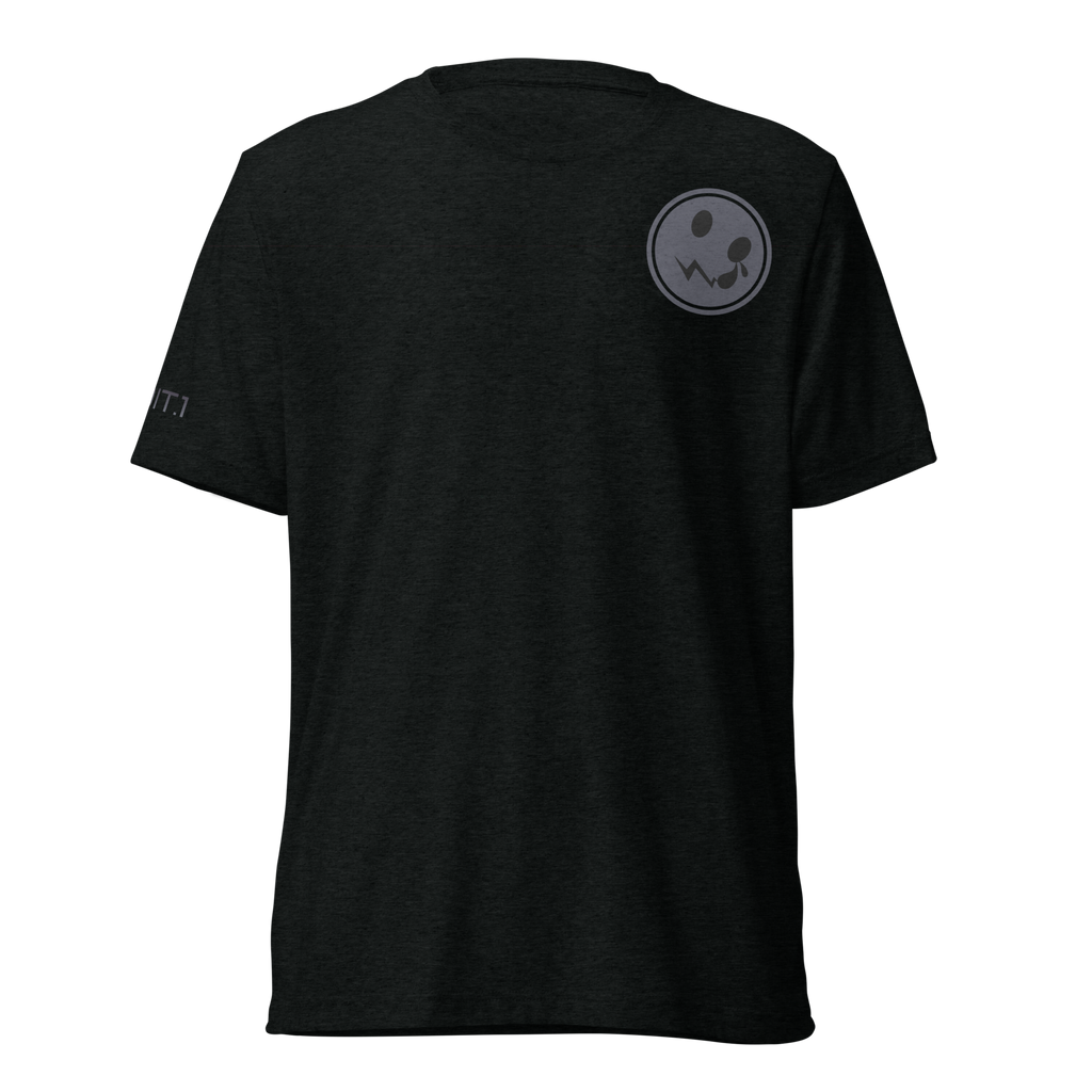A black t-shirt featuring a striking gray circular logo prominently displayed on the back, set against a clean and crisp white background. The shirt's fabric is soft and comfortable, making it suitable for casual wear, while the logo adds a modern and stylish touch that stands out beautifully in contrast to the dark fabric.
