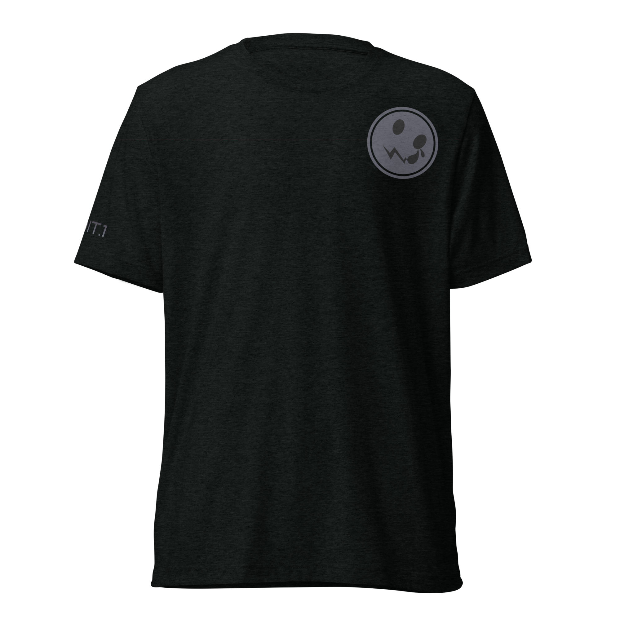 A black t-shirt featuring a striking gray circular logo prominently displayed on the back, set against a clean and crisp white background. The shirt's fabric is soft and comfortable, making it suitable for casual wear, while the logo adds a modern and stylish touch that stands out beautifully in contrast to the dark fabric.