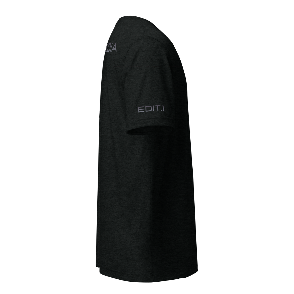 A black t-shirt featuring the 'EDIT.1' logo prominently displayed in white on the front. The fabric is soft and comfortable, ideal for casual wear. The striking contrast between the black shirt and white logo enhances the visual appeal, giving a modern touch to any outfit.