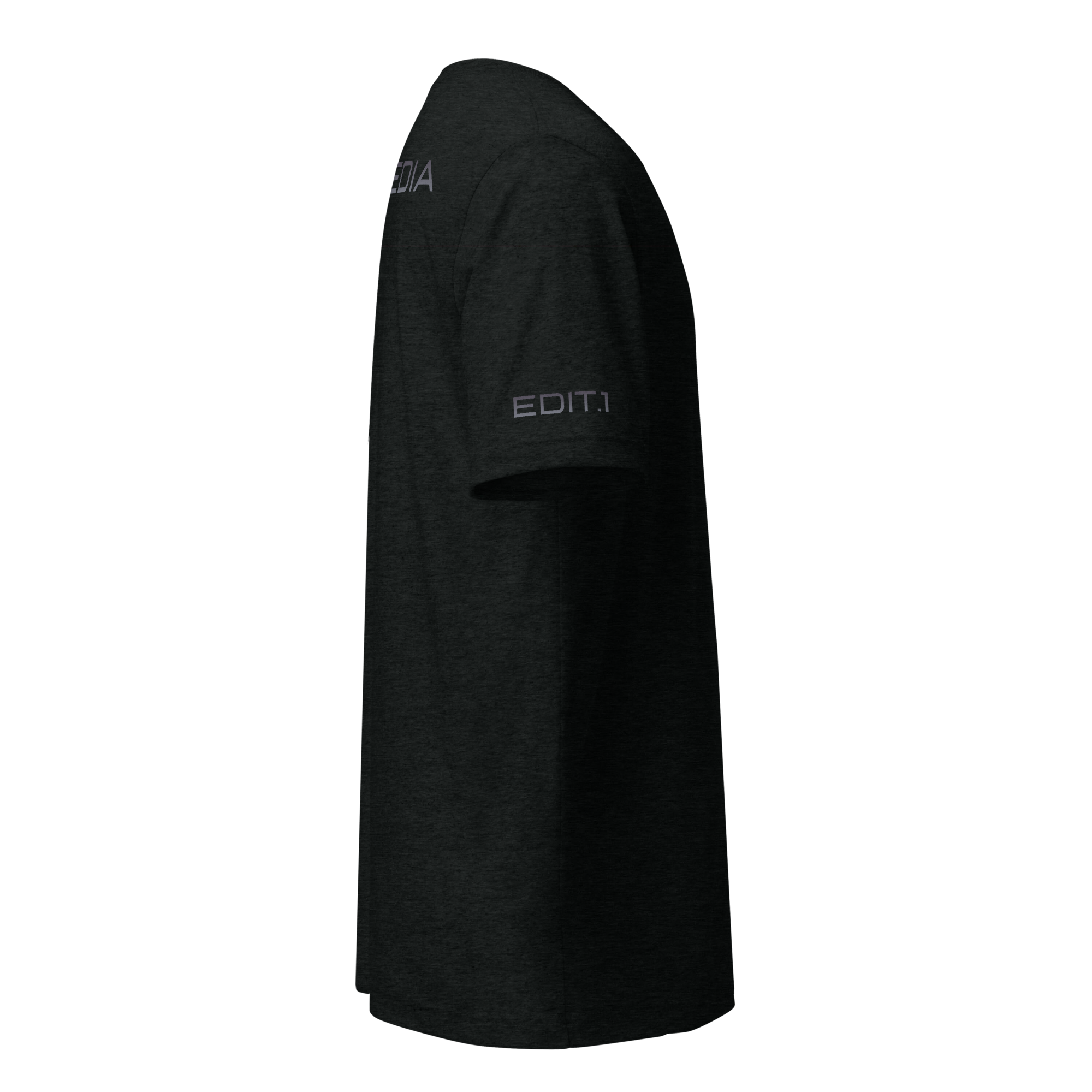 A black t-shirt featuring the 'EDIT.1' logo prominently displayed in white on the front. The fabric is soft and comfortable, ideal for casual wear. The striking contrast between the black shirt and white logo enhances the visual appeal, giving a modern touch to any outfit.