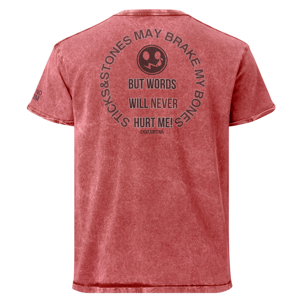 A red acid-wash t-shirt shown from the back, featuring a circular graphic with a smiley face and the text 'BUT WORDS WILL NEVER HURT ME!'.