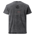 A dark gray acid-wash t-shirt shown from the back, featuring a circular graphic with a smiley face and the text 'BUT WORDS WILL NEVER HURT ME!'.