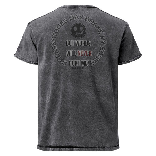 A dark gray acid-wash t-shirt shown from the back, featuring a circular graphic with a smiley face and the text 'BUT WORDS WILL NEVER HURT ME!'.