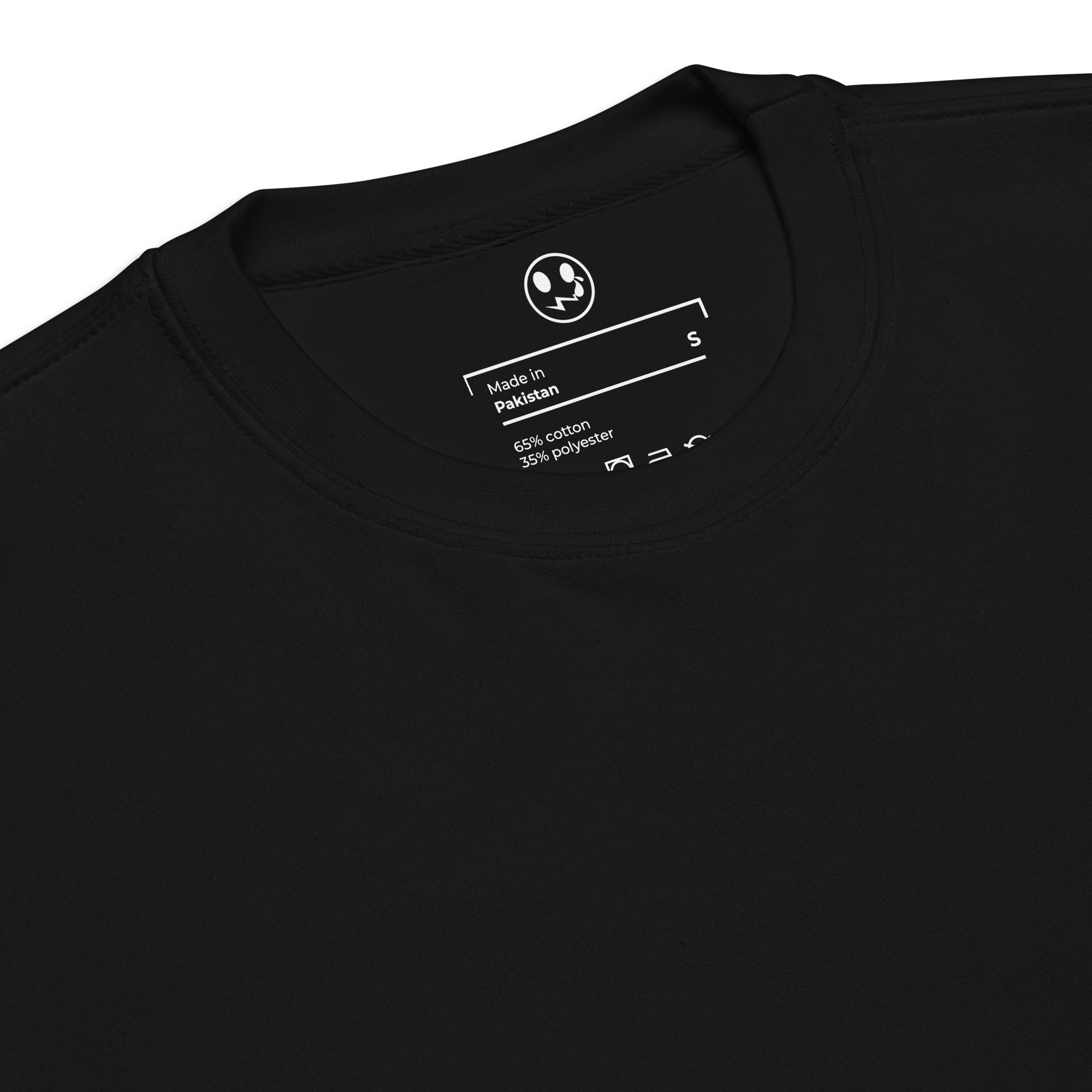 A sleek black T-shirt made from soft, comfortable fabric. It features a discreet label sewn into the collar, which showcases a combination of stylish text and unique symbols, adding personality to the garment.