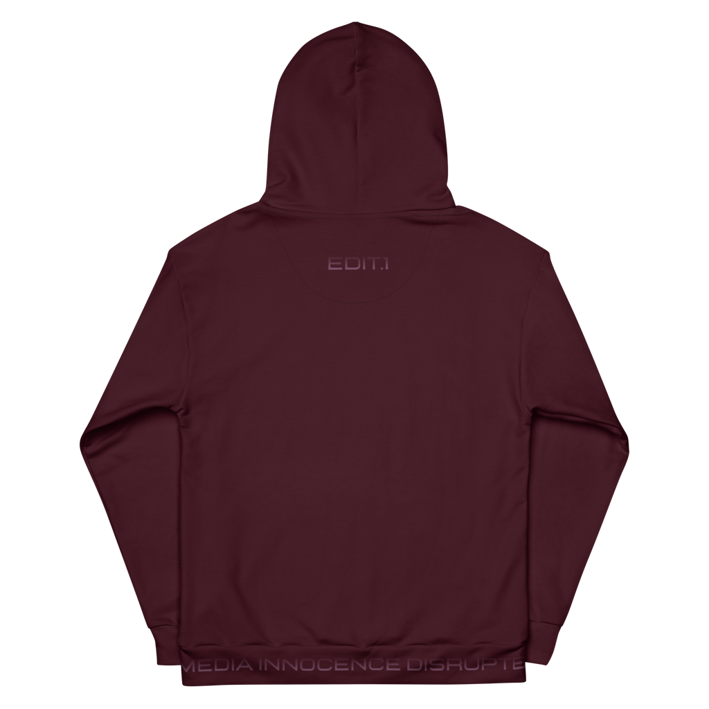 A burgundy hoodie with a prominent logo on the back, set against a soft burgundy background, showcases its sleek design and cosy appeal. Perfect for casual wear or layering! 