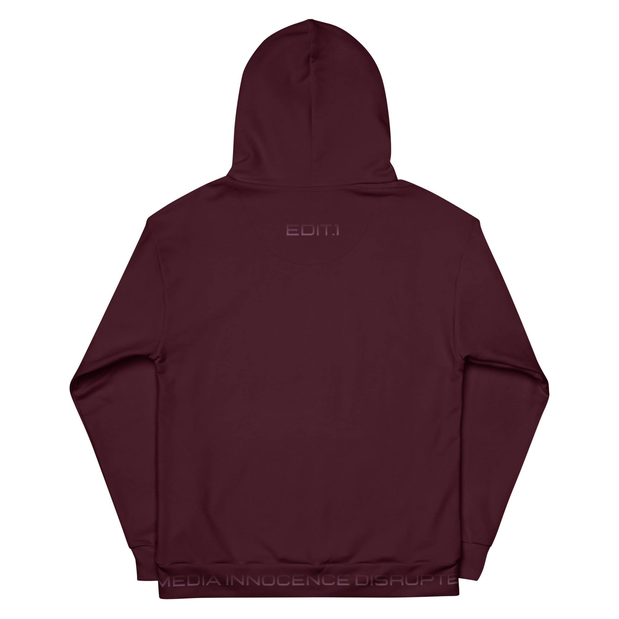 A burgundy hoodie with a prominent logo on the back, set against a soft burgundy background, showcases its sleek design and cosy appeal. Perfect for casual wear or layering! 