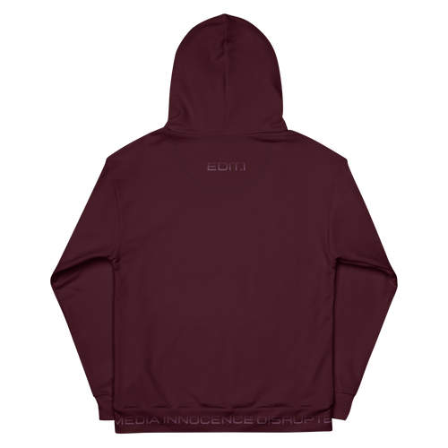 A burgundy hoodie with a prominent logo on the back, set against a soft burgundy background, showcases its sleek design and cosy appeal. Perfect for casual wear or layering! 