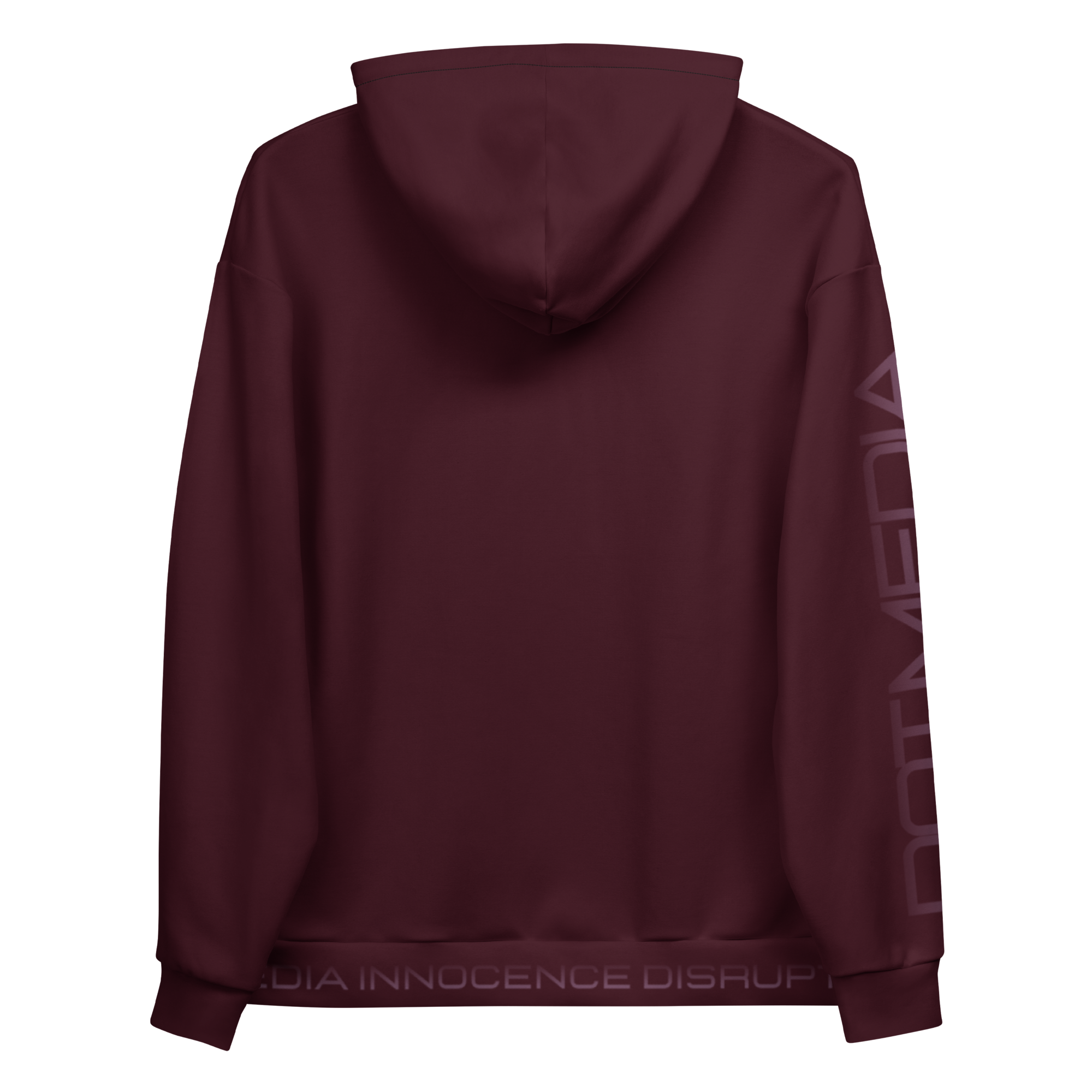This stylish burgundy hoodie features eye-catching text printed along both the sleeves and the waistband. The text stands out thanks to its contrasting background, enhancing its visibility and adding a unique touch to the overall design. Made from soft, high-quality fabric, this hoodie offers both comfort and a modern look, making it a perfect addition to any casual wardrobe.