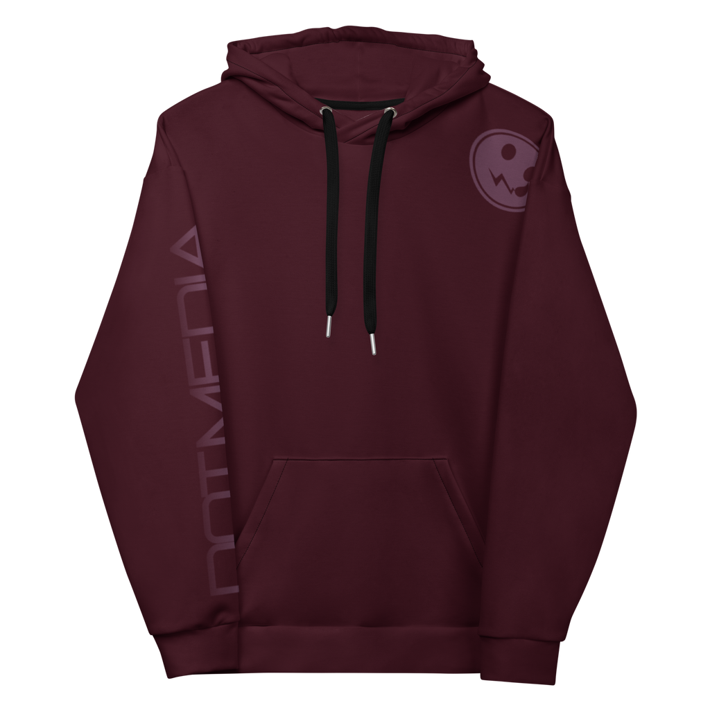 A burgundy hoodie with a prominent logo on the chest, set against a soft burgundy background, showcases its sleek design and cosy appeal. Perfect for casual wear or layering! front