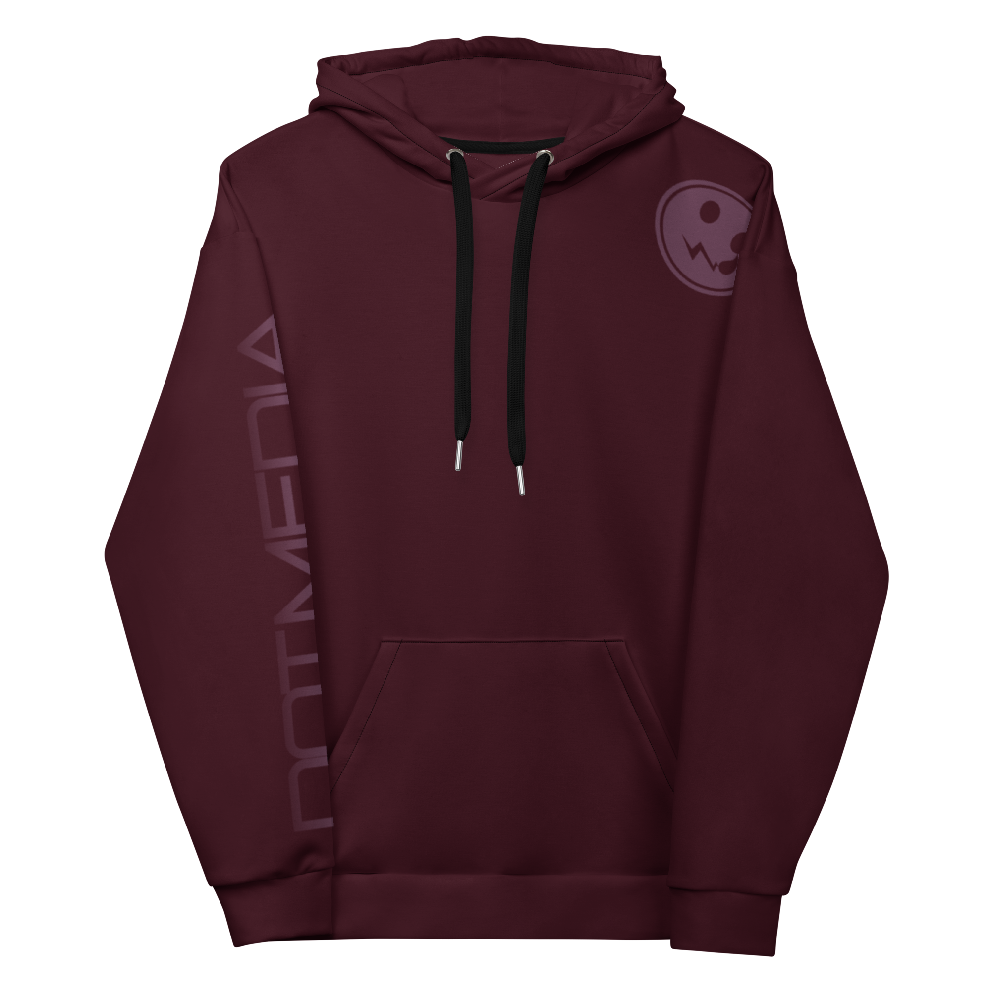 A burgundy hoodie with a prominent logo on the chest, set against a soft burgundy background, showcases its sleek design and cosy appeal. Perfect for casual wear or layering! front