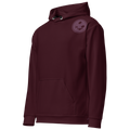 A burgundy hoodie with a prominent logo on the chest, set against a soft burgundy background, showcases its sleek design and cosy appeal. Perfect for casual wear or layering!