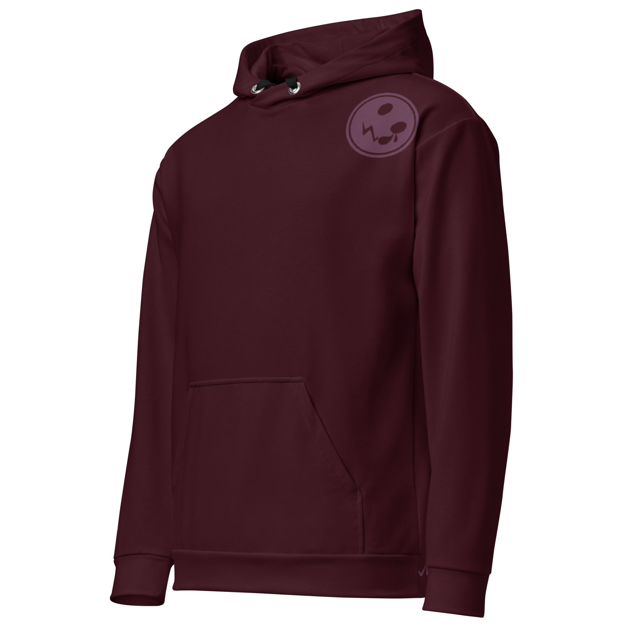 A burgundy hoodie with a prominent logo on the chest, set against a soft burgundy background, showcases its sleek design and cosy appeal. Perfect for casual wear or layering!