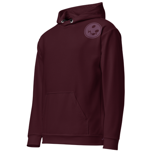 A burgundy hoodie with a prominent logo on the chest, set against a soft burgundy background, showcases its sleek design and cosy appeal. Perfect for casual wear or layering!
