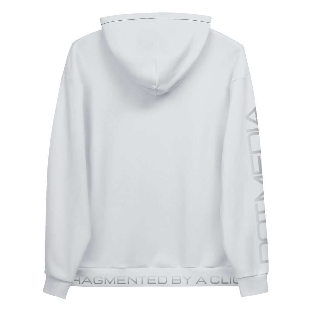 A cosy grey hoodie made from soft, high-quality fabric, showcasing contrasting text elegantly printed on both the back and the sleeve. The design is set against a subtle grey background, creating a sleek, monochromatic look that is both stylish and versatile. The hoodie features a classic pullover style with a spacious front pocket and an adjustable drawstring hood, making it perfect for casual outings or relaxing at home.