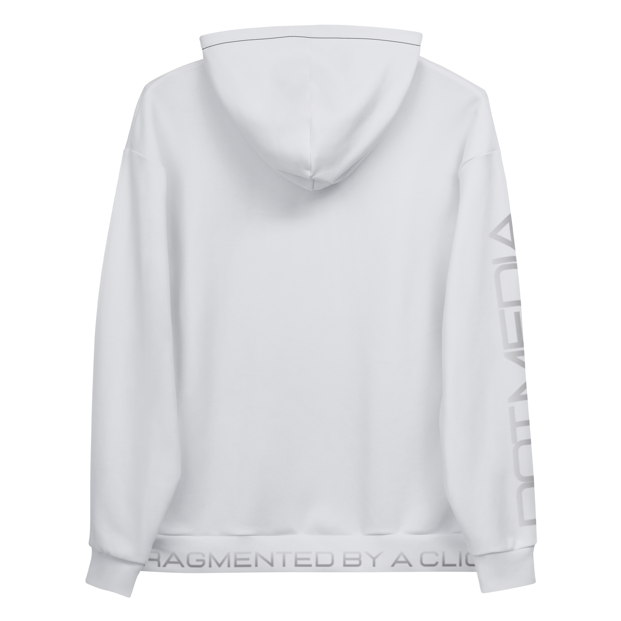 A cosy grey hoodie made from soft, high-quality fabric, showcasing contrasting text elegantly printed on both the back and the sleeve. The design is set against a subtle grey background, creating a sleek, monochromatic look that is both stylish and versatile. The hoodie features a classic pullover style with a spacious front pocket and an adjustable drawstring hood, making it perfect for casual outings or relaxing at home.