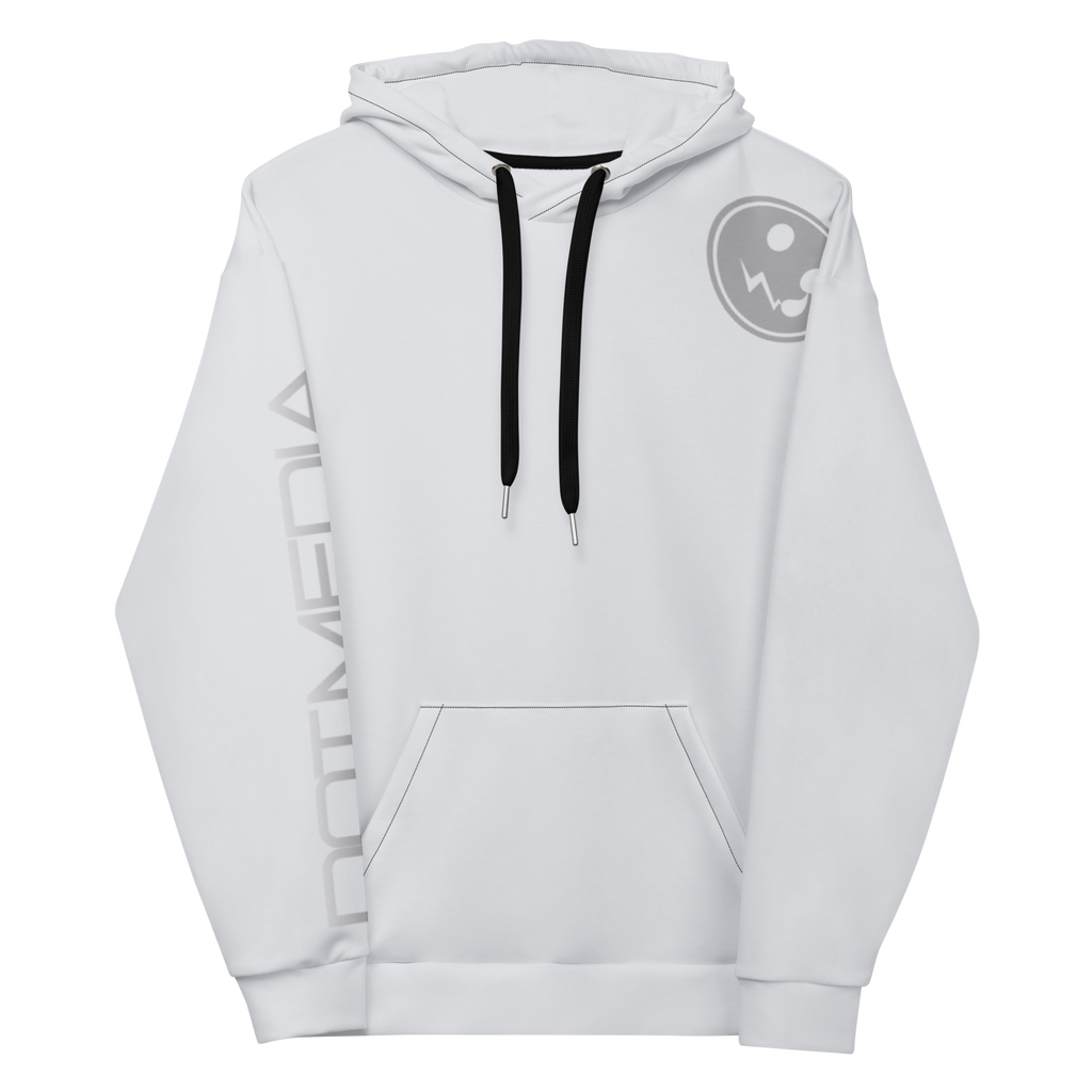 A soft grey hoodie with a prominent logo printed on the chest and intricate text elegantly running down one sleeve, all set against a subtle grey background for a cohesive and stylish appearance.