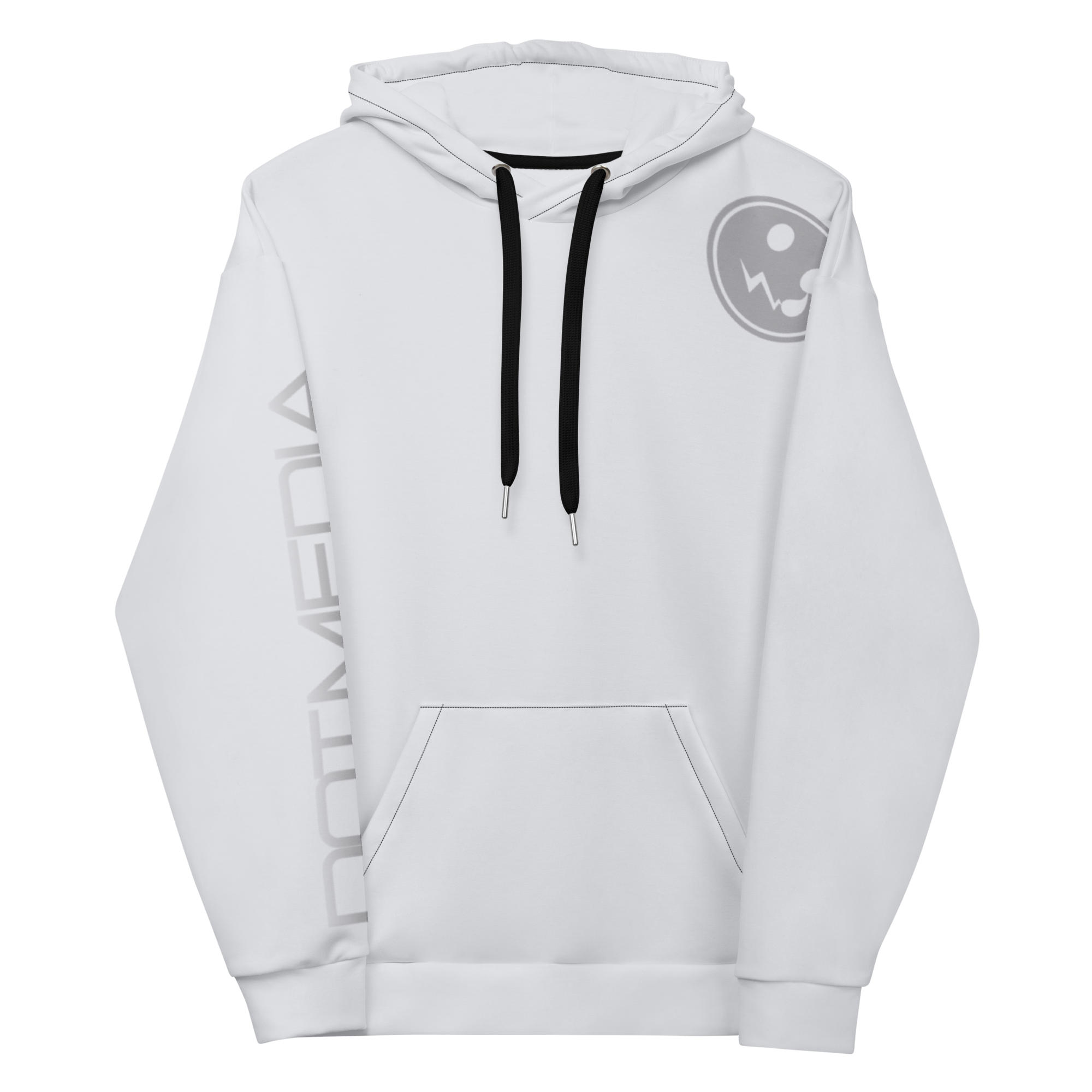 A soft grey hoodie with a prominent logo printed on the chest and intricate text elegantly running down one sleeve, all set against a subtle grey background for a cohesive and stylish appearance.