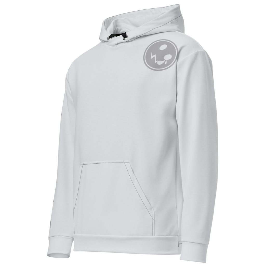 A stylish grey hoodie adorned with a prominent logo elegantly displayed on the chest. The hoodie is set against a matching grey background, enhancing its sleek and minimalist aesthetic. The fabric appears soft and comfortable, perfect for casual wear, while the hood adds a practical touch for cooler days. The overall design exudes a modern vibe, making it a versatile addition to any wardrobe.