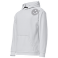 A stylish grey hoodie adorned with a prominent logo elegantly displayed on the chest. The hoodie is set against a matching grey background, enhancing its sleek and minimalist aesthetic. The fabric appears soft and comfortable, perfect for casual wear, while the hood adds a practical touch for cooler days. The overall design exudes a modern vibe, making it a versatile addition to any wardrobe.
