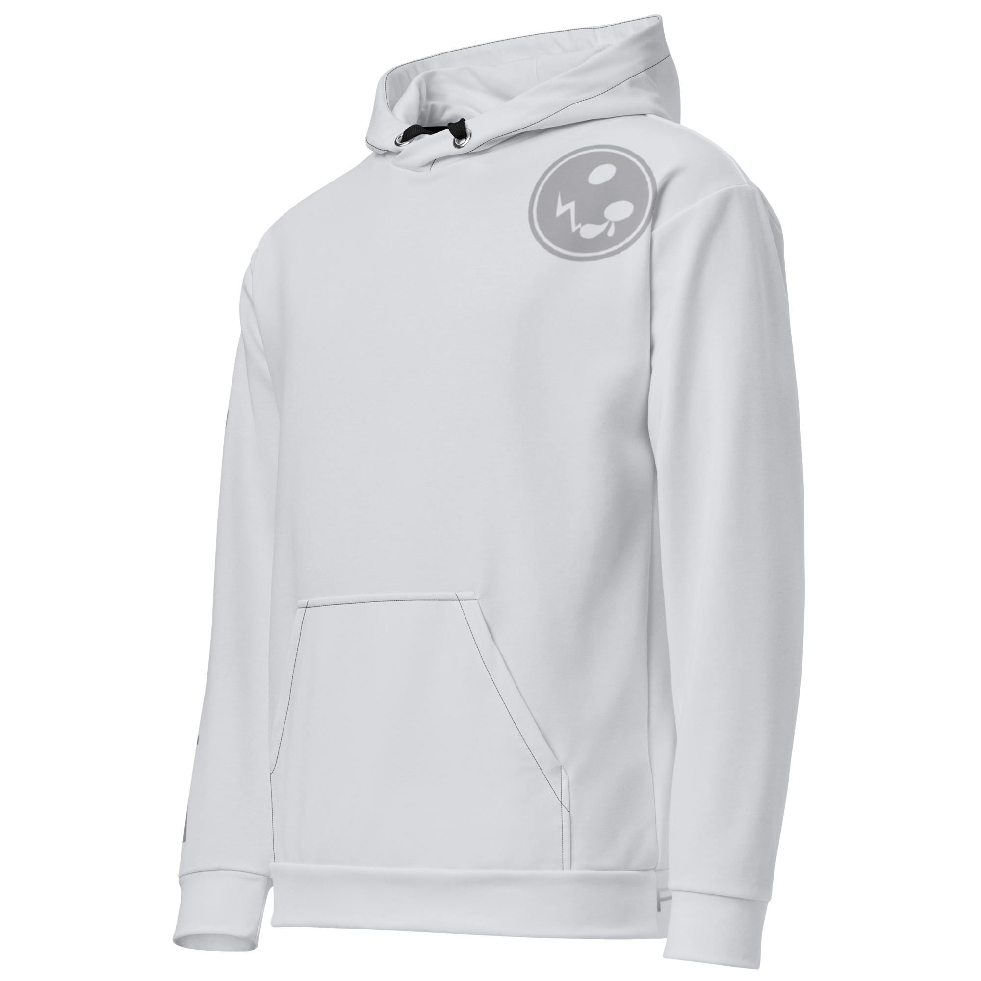 A stylish grey hoodie adorned with a prominent logo elegantly displayed on the chest. The hoodie is set against a matching grey background, enhancing its sleek and minimalist aesthetic. The fabric appears soft and comfortable, perfect for casual wear, while the hood adds a practical touch for cooler days. The overall design exudes a modern vibe, making it a versatile addition to any wardrobe.
