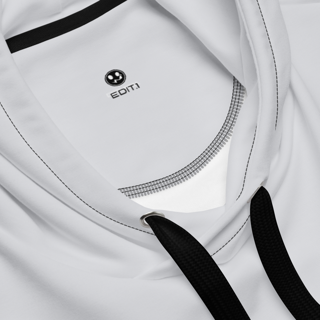 A close-up shot of a grey hoodie with black drawstrings. The soft fabric provides comfort, and a bold brand logo is visible on the neck. The hoodie has a slightly relaxed fit, suitable for casual wear and lounging.