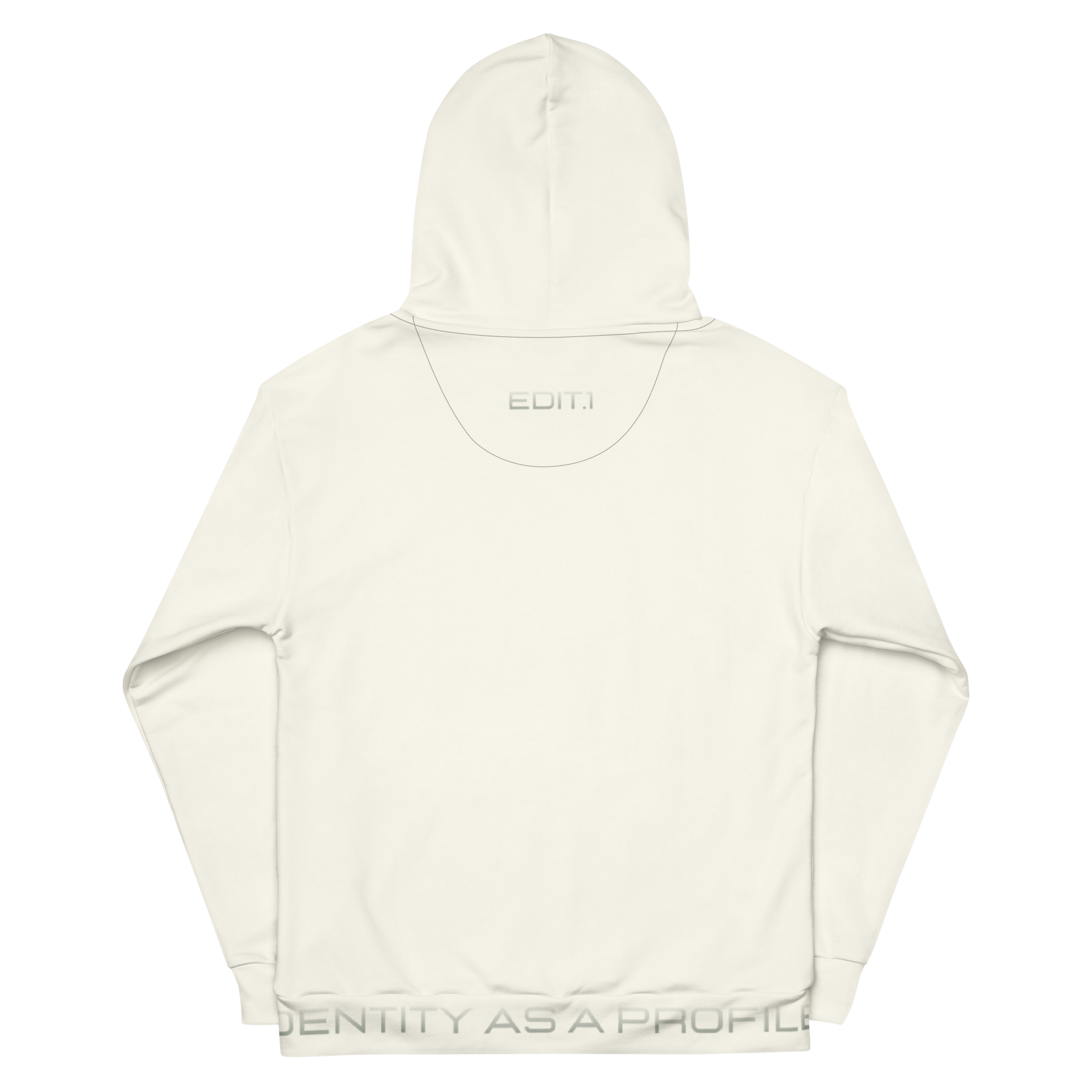 A cream hoodie with a prominent writing on the back, set against a soft cream background, showcases its sleek design and cosy appeal. Perfect for casual wear or layering!