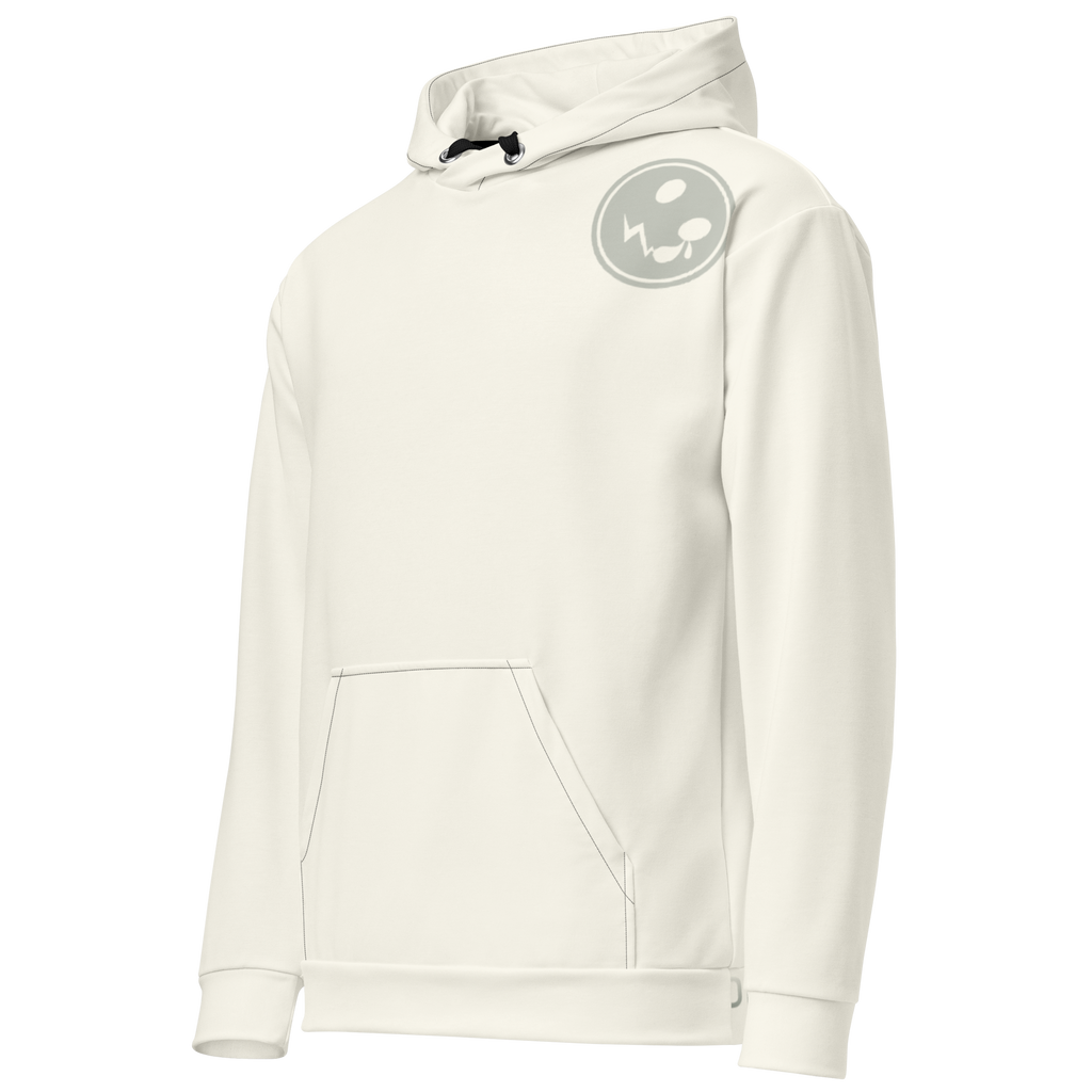 A cream hoodie with a prominent logo on the chest, set against a soft cream background, showcases its sleek design and cosy appeal. Perfect for casual wear or layering!