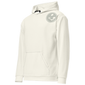 A cream hoodie with a prominent logo on the chest, set against a soft cream background, showcases its sleek design and cosy appeal. Perfect for casual wear or layering!