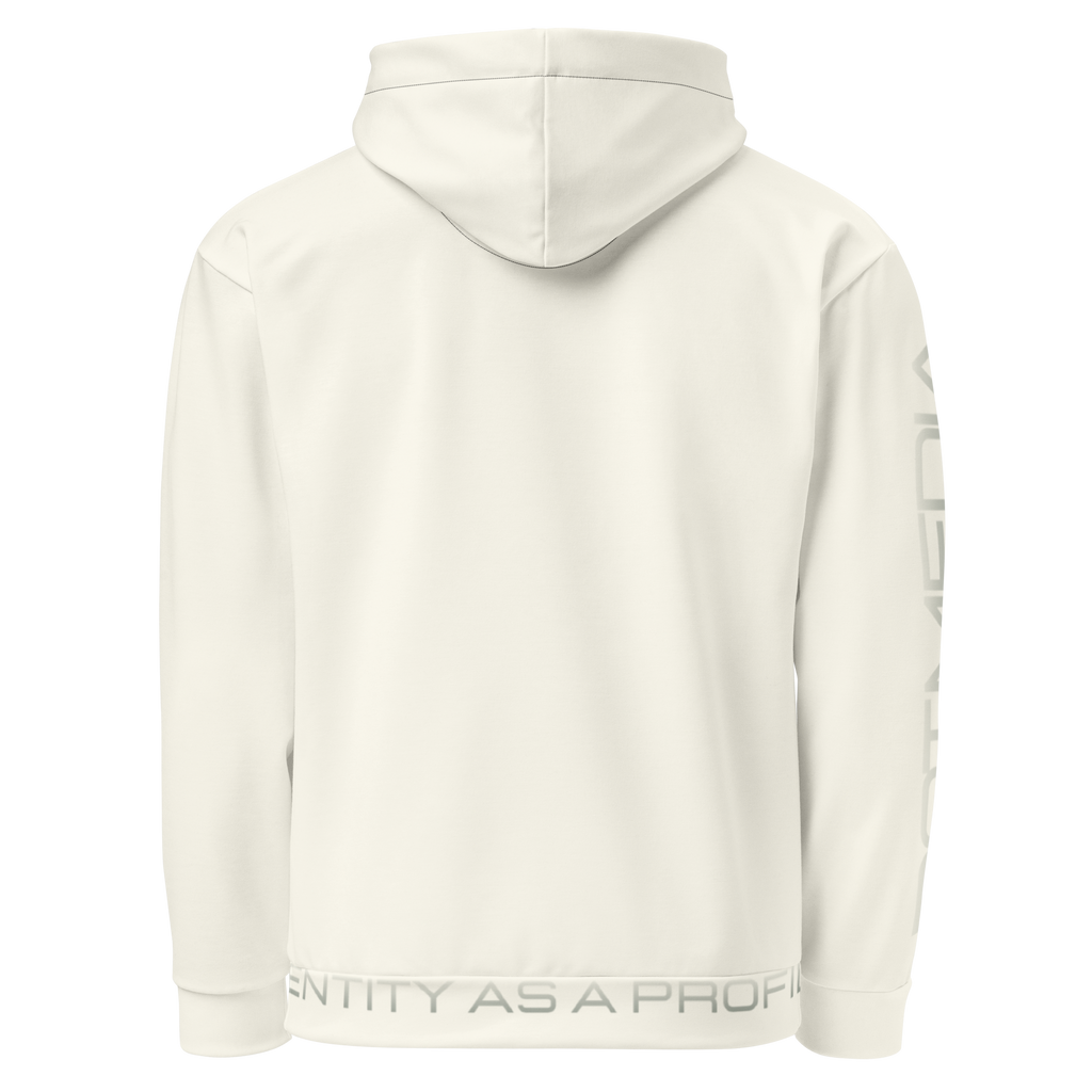 A cream hoodie with a prominent writing on the sleave and waist band, set against a soft cream background, showcases its sleek design and cosy appeal. Perfect for casual wear or layering!