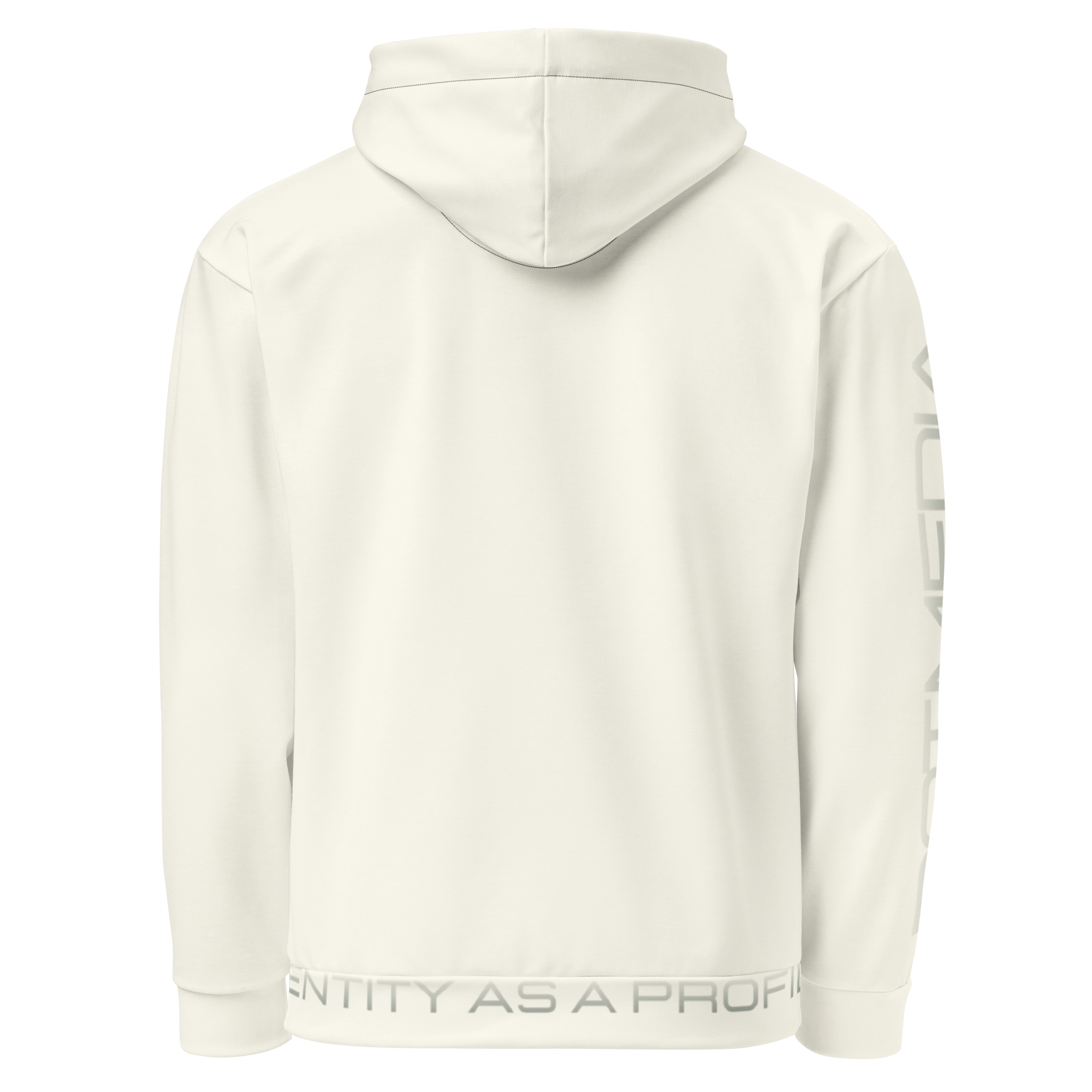A cream hoodie with a prominent writing on the sleave and waist band, set against a soft cream background, showcases its sleek design and cosy appeal. Perfect for casual wear or layering!