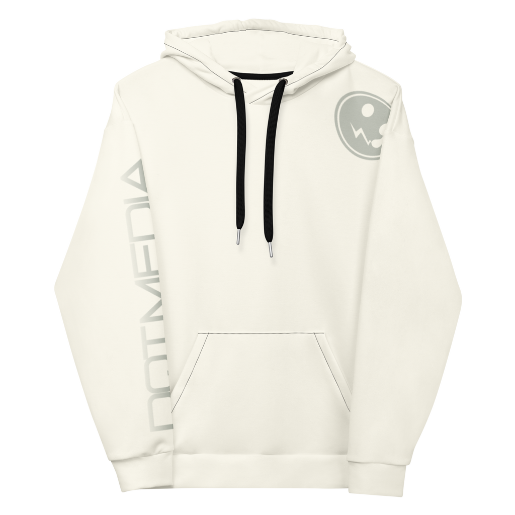 A cream hoodie with a prominent logo on the chest and writing on the sleave, set against a soft cream background, showcases its sleek design and cosy appeal. Perfect for casual wear or layering!