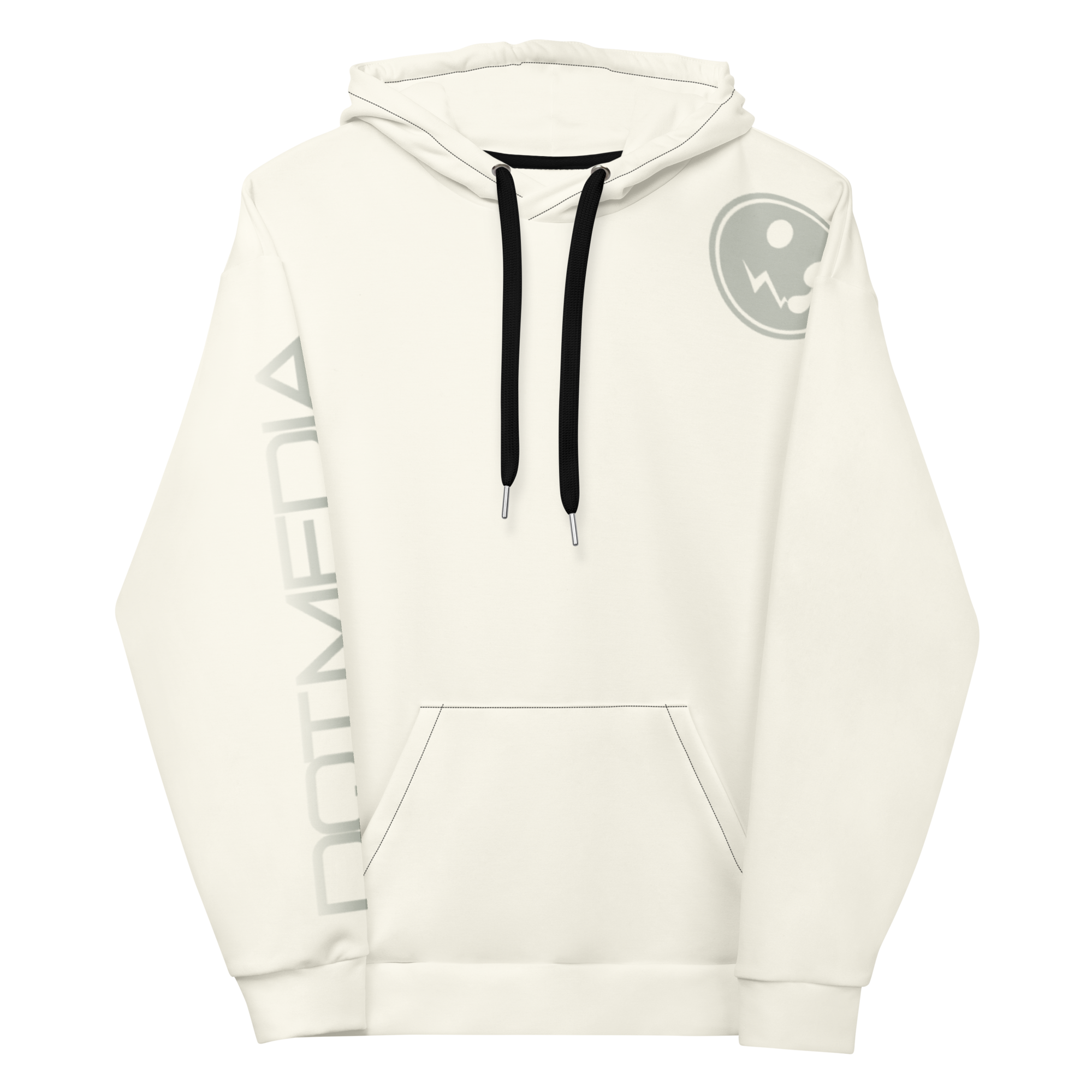 A cream hoodie with a prominent logo on the chest and writing on the sleave, set against a soft cream background, showcases its sleek design and cosy appeal. Perfect for casual wear or layering!