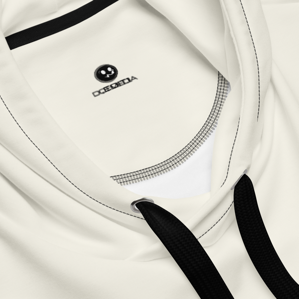 A cream hoodie with a prominent logo on the inside neck, set against a soft cream background, showcases its sleek design and cosy appeal. Perfect for casual wear or layering!