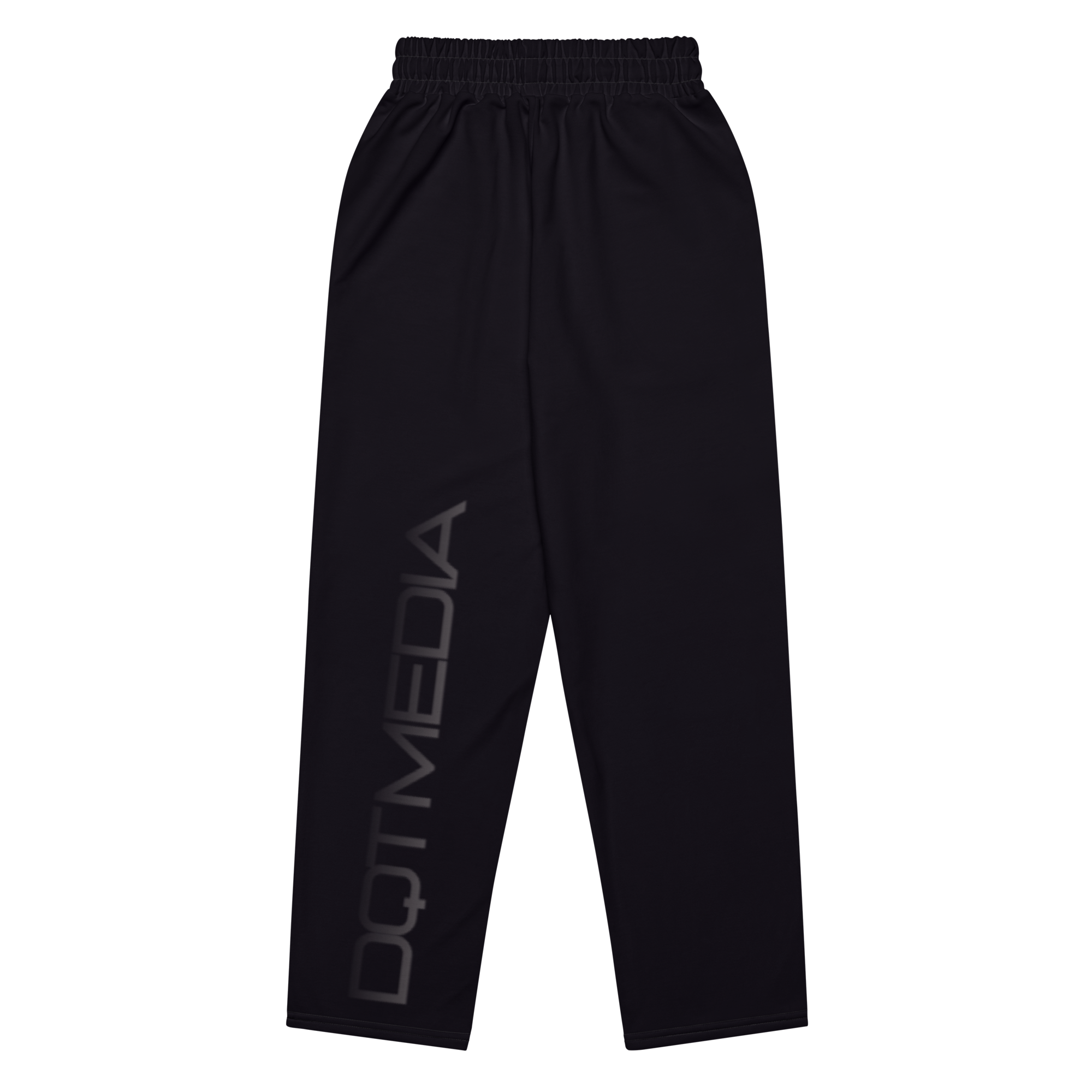 A pair of sleek black pants featuring bold 'DQTMEDIA' text prominently displayed against a crisp white background, adding a striking contrast that draws attention. The design combines style and comfort, making these pants perfect for casual outings or as part of a trendy streetwear ensemble.