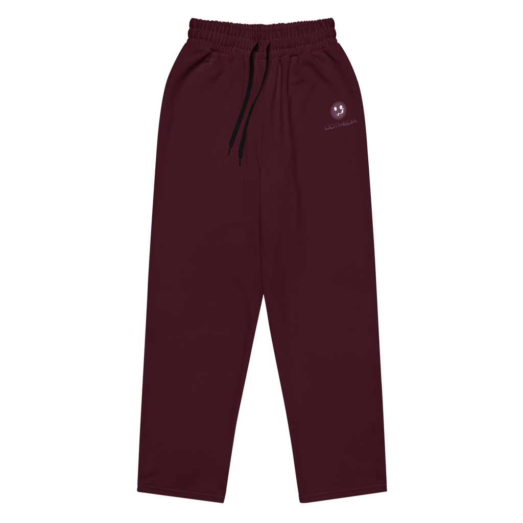 A pair of burgundy wide-leg joggers featuring a prominent logo design, set against a crisp white background. The joggers are crafted from a comfortable fabric that drapes elegantly, offering both style and ease of movement. The logo adds a touch of modern flair to the overall look, making these joggers a trendy choice for casual outings or loungewear.