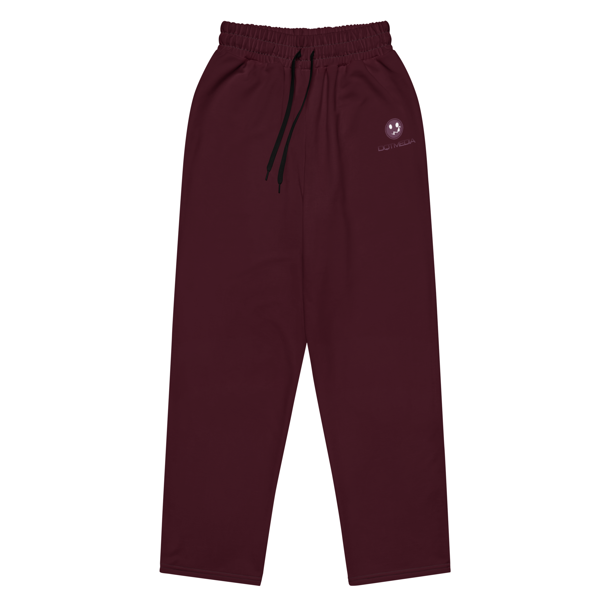 A pair of burgundy wide-leg joggers featuring a prominent logo design, set against a crisp white background. The joggers are crafted from a comfortable fabric that drapes elegantly, offering both style and ease of movement. The logo adds a touch of modern flair to the overall look, making these joggers a trendy choice for casual outings or loungewear.