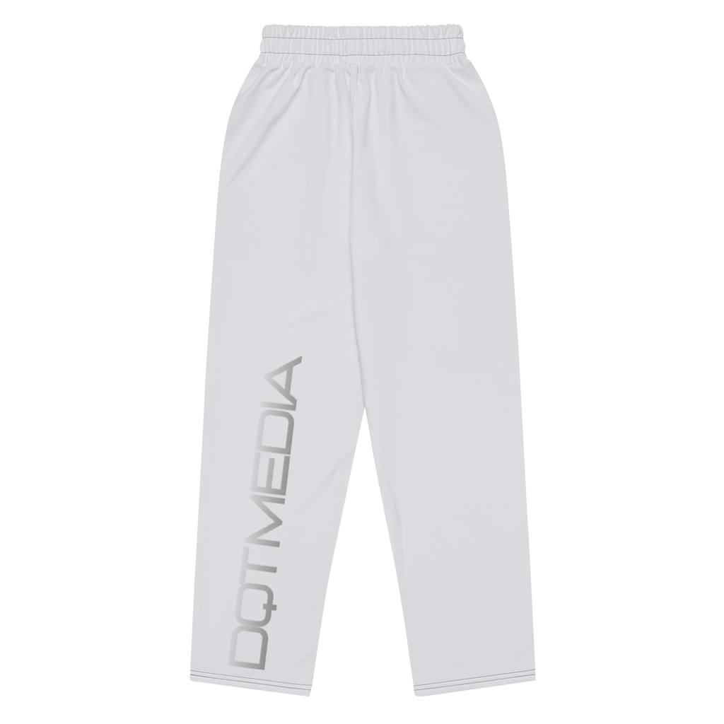 A pair of sleek grey pants featuring bold 'DQTMEDIA' text prominently displayed against a crisp white background, adding a striking contrast that draws attention. The design combines style and comfort, making these pants perfect for casual outings or as part of a trendy streetwear ensemble.