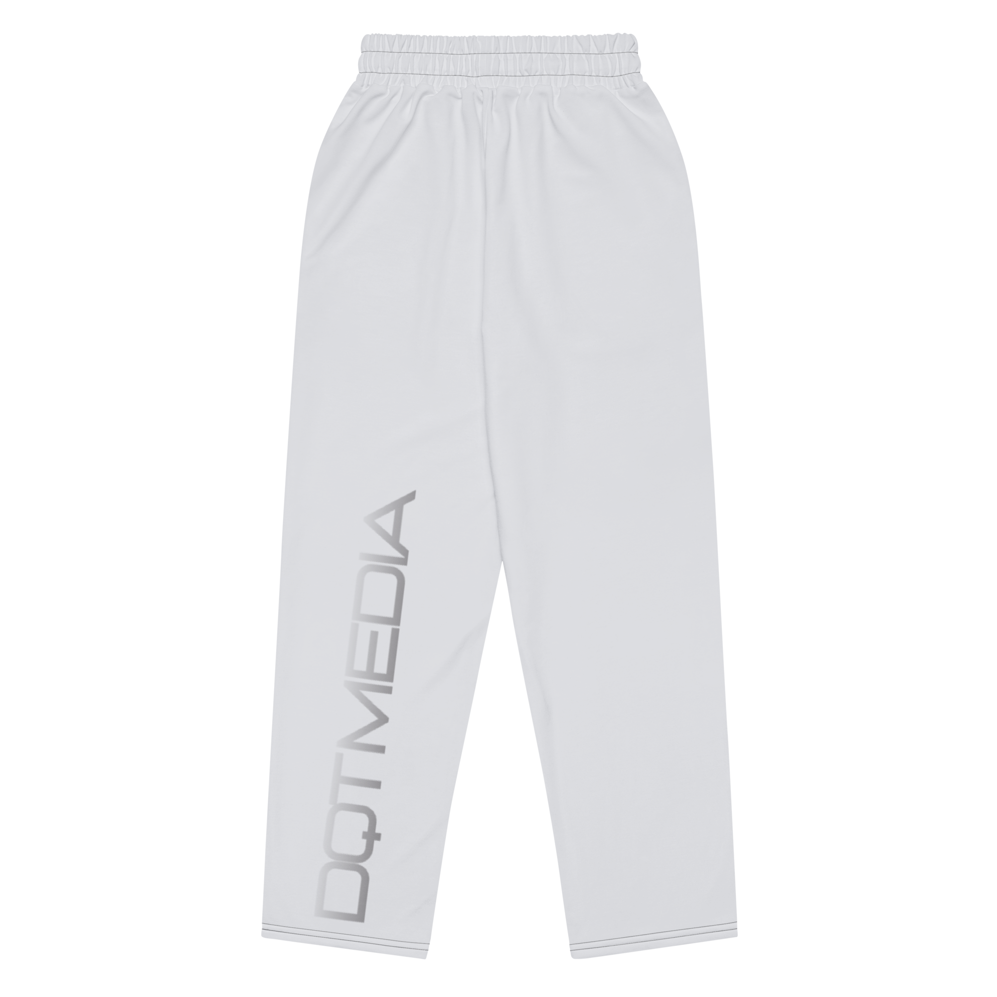 A pair of sleek grey pants featuring bold 'DQTMEDIA' text prominently displayed against a crisp white background, adding a striking contrast that draws attention. The design combines style and comfort, making these pants perfect for casual outings or as part of a trendy streetwear ensemble.