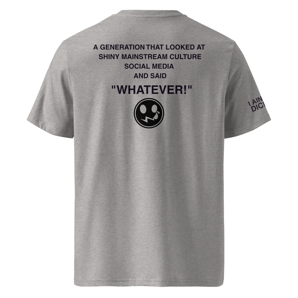 A heather gray short-sleeve t-shirt shown from the back, featuring black printed text and a circular graphic on the upper back, with additional text on the left sleeve.