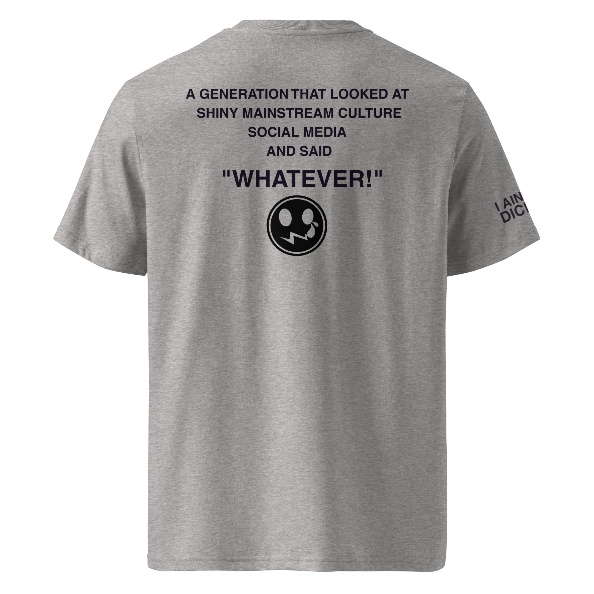 A heather gray short-sleeve t-shirt shown from the back, featuring black printed text and a circular graphic on the upper back, with additional text on the left sleeve.