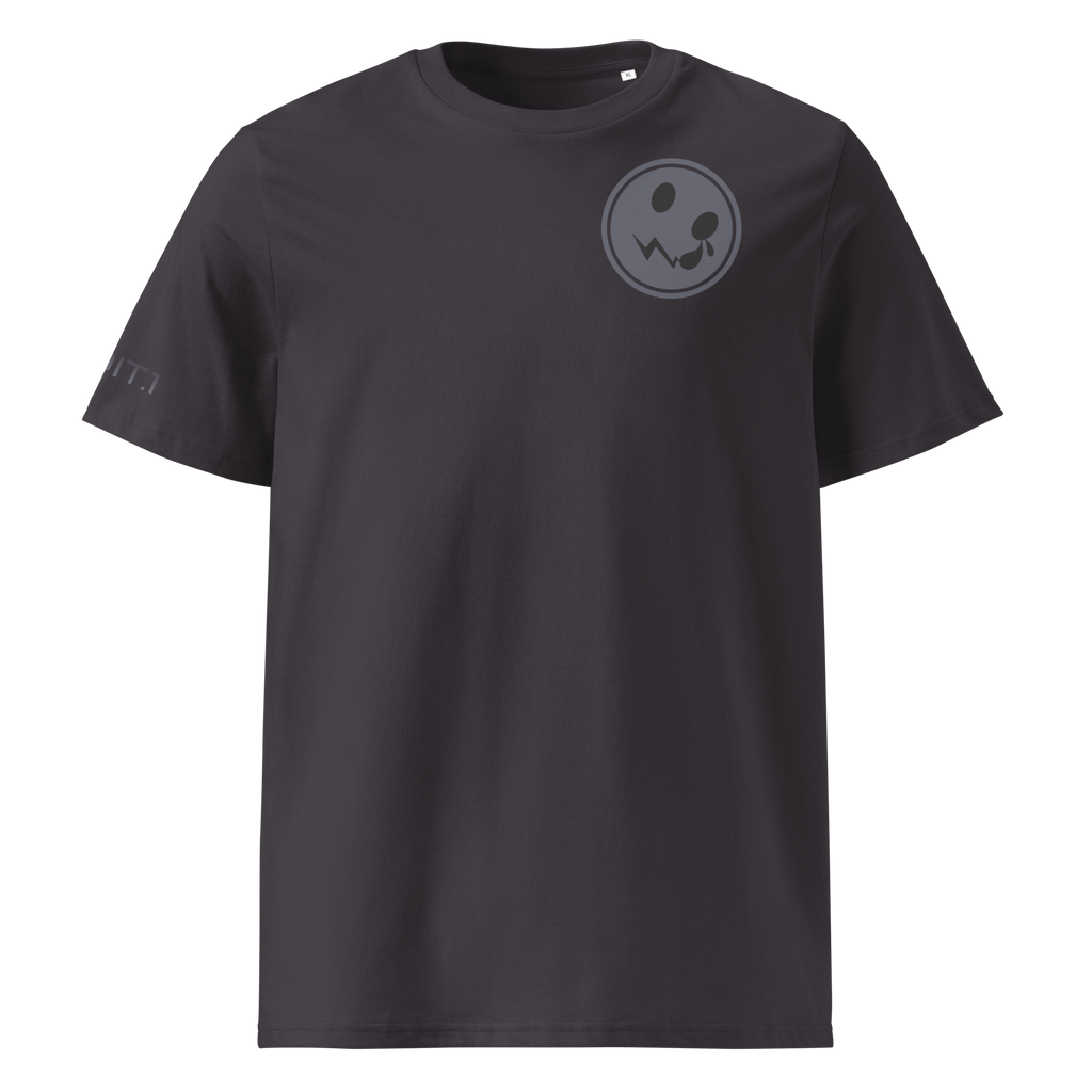 A t-shirt featuring a striking gray circular logo prominently displayed on the back, set against a clean and crisp white background. The shirt's fabric is soft and comfortable, making it suitable for casual wear, while the logo adds a modern and stylish touch that stands out beautifully in contrast to the dark fabric.